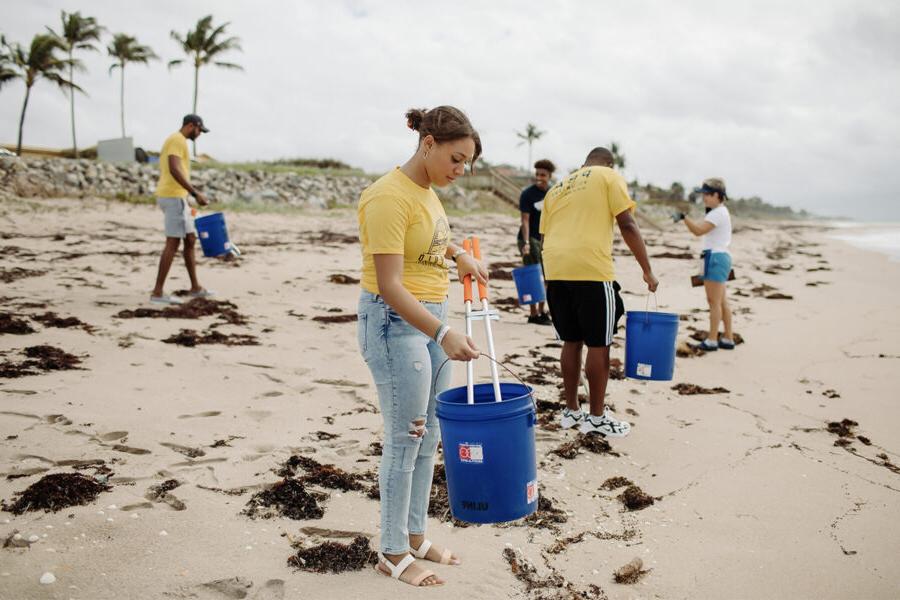 students studying Botany Environmental Science and Field Biology by collecting trash on the beach